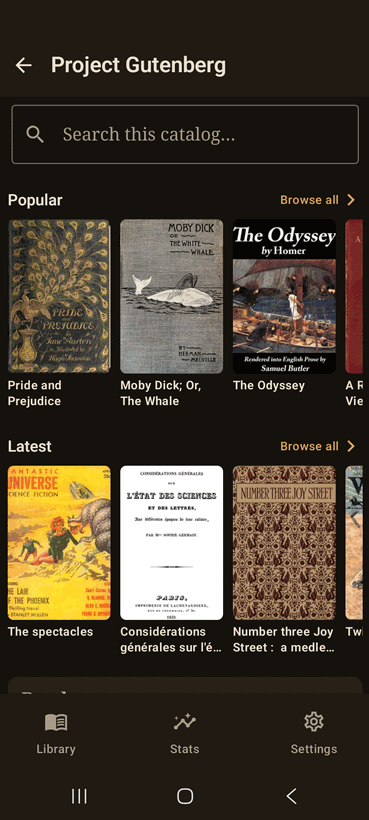 Browsing OPDS catalogs such as Project Gutenberg to download public-domain books