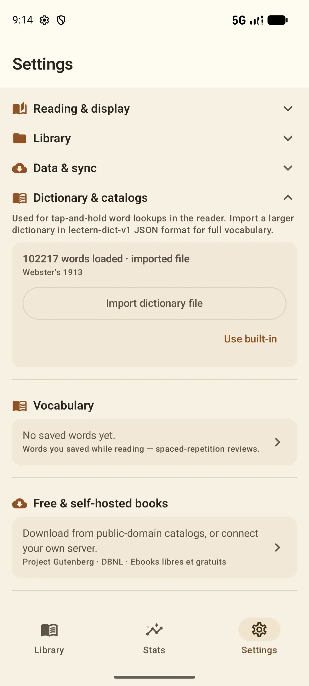 Lectern settings showing 102217 words loaded from an imported file named Webster's 1913